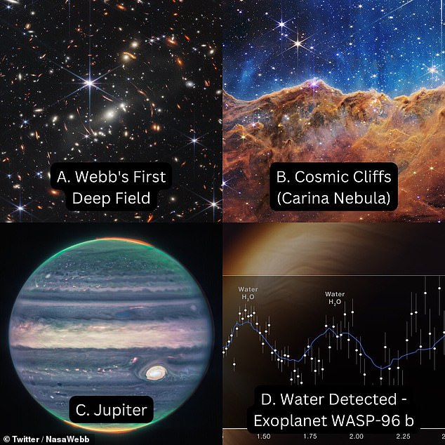 El primer conjunto de imágenes en el desafío de la NASA incluye (A) el primer campo profundo de Webb;  (B) los Acantilados Cósmicos en la Nebulosa Carina;  (C) Júpiter;  y (D) datos de Webb que muestran la presencia de agua en la atmósfera del exoplaneta WASP-96 b