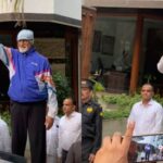 Amitabh Bachchan saluda a los fanáticos con una sonrisa y las manos cruzadas, los saluda con la mano en medio de fuertes vítores en Jalsa.  Mirar