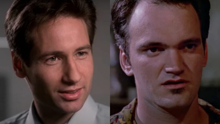 David Duchovny smiling in a shirt and tie in The X-Files and Quentin Tarantino sitting in a colorful shirt in Reservoir Dogs, pictured side by side.