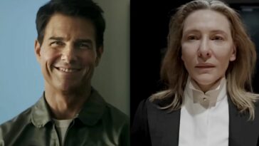 Tom Cruise as Maverick, Cate Blanchett starring in Tár