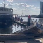 Un ferry causó grandes daños cuando se estrelló contra un muelle en Docklands el sábado por la noche.