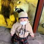 Un adorable niño pequeño ignora felizmente que una feroz leona está tratando desesperadamente de comérselo detrás del cristal de un recinto del zoológico.