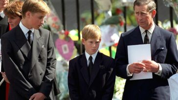 El príncipe Harry fotografiado con su hermano, el príncipe William, y su padre, el príncipe Carlos, en el funeral de la princesa Diana.