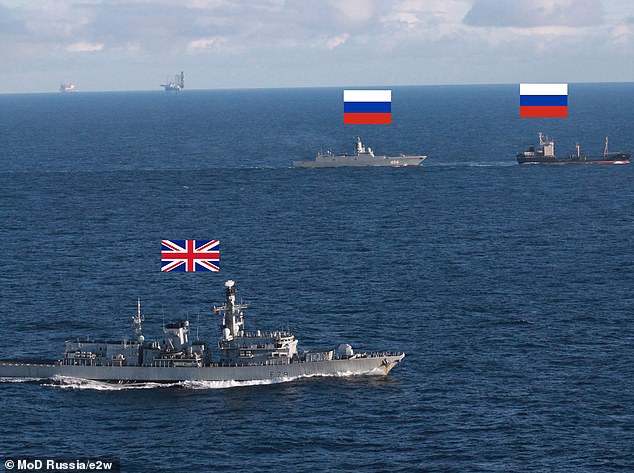 La Royal Navy emitió un comunicado el miércoles diciendo que el HMS Portland (izquierda) estaba rastreando al buque de guerra ruso (centro) y al petrolero que lo acompañaba Kama (derecha) mientras navegaban hacia el Mar del Norte, después de que Gorshkov realizara juegos de guerra en el Mar de Noruega.