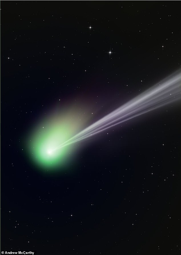 Andrew McCarthy siguió el cometa durante horas, tomando fotografías cada vez que podía.  El resultado final, que son los colores naturales del cometa, es una imagen impresionante que muestra su coma verde y su cola brillante.