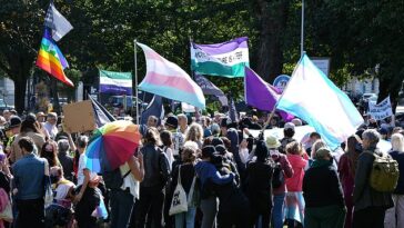 Los manifestantes ondean banderas y sostienen pancartas durante una protesta en Brighton el año pasado.