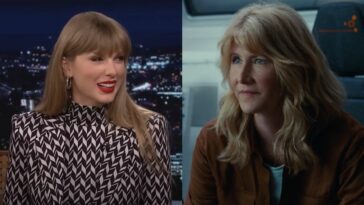 From left to right: Taylor Swift smiling on the Tonight Show and Laura Dern looking to the left in Jurassic World Dominion