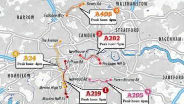 Londres ha sido nombrada la ciudad con peor congestión en el mundo, según INRIX 2022 Global Traffic Scorecard.  Se muestran las carreteras más congestionadas de Londres.