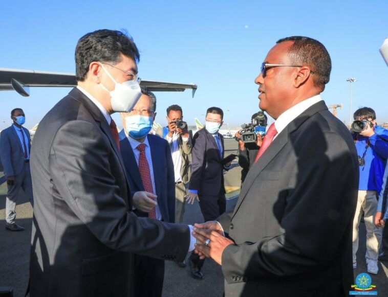 China's Foreign Minister Qin Gang (L) meets with his Ethiopian counterpart Demeke Mekonnen (R) during his visit to Ethiopia in Addis Ababa, Ethiopia on 10 January 2023.