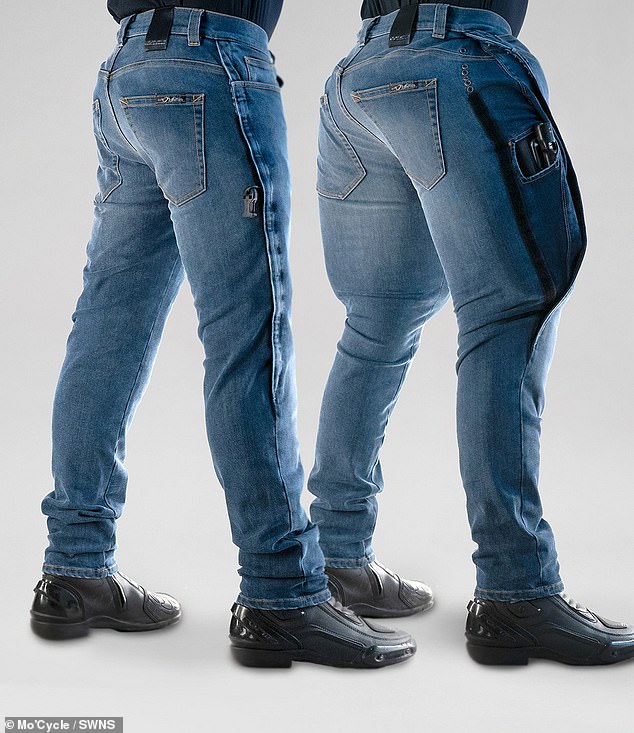 ¿Mi trasero se ve grande en esto?  La marca sueca Mo¿cycle ha creado unos extraños jeans que se inflan como la bolsa de aire de un auto para proteger la parte inferior del cuerpo en caso de accidente