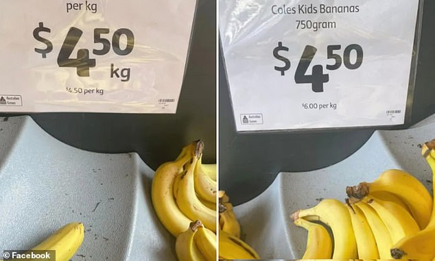 Un cliente inteligente de Coles ha notado la sutil diferencia de precio entre estos dos juegos de bananas.