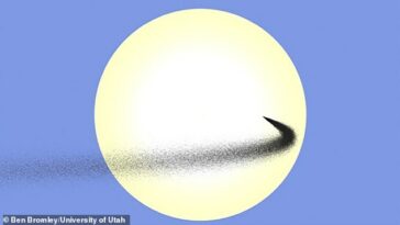 Digno de ciencia ficción: aquí hay una corriente de polvo simulada lanzada entre la Tierra y el sol.  Esta nube de polvo se muestra cuando cruza el disco del sol, vista desde la Tierra.  Chorros como este, incluidos los lanzados desde la superficie de la luna, podrían actuar como una sombrilla temporal, afirman los expertos.