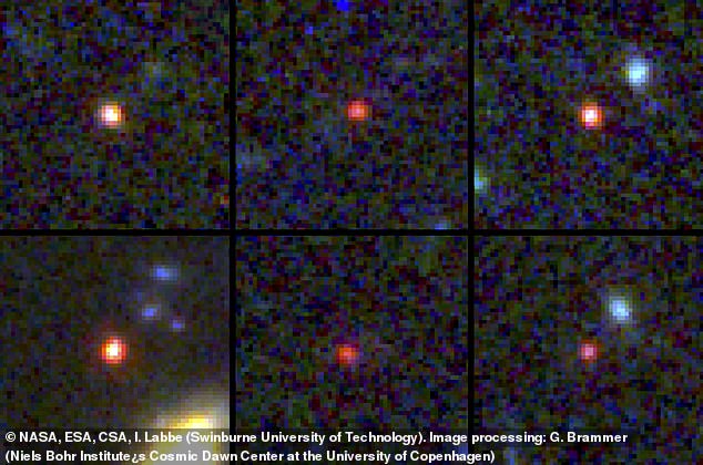 Innovador: el telescopio espacial James Webb de la NASA acaba de detectar seis galaxias masivas en el universo primitivo (en la foto) que son tan viejas que en realidad no deberían existir.  Una de las fuentes (abajo a la izquierda) podría contener tantas estrellas como nuestra Vía Láctea actual.