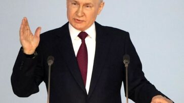 El presidente ruso Vladimir Putin habla durante su reunión anual con la Asamblea Federal el 21 de febrero de 2023 en Moscú, Rusia.