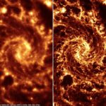 Comparación: estas imágenes muestran el notable aumento en la claridad y el detalle que Webb puede proporcionar al observar la Galaxia Fantasma (izquierda), a diferencia de cómo fue fotografiada por el Telescopio Espacial Spitzer (izquierda), que se lanzó en 2003 y jubilado en 2020