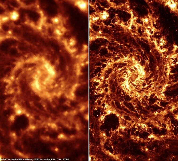 Comparación: estas imágenes muestran el notable aumento en la claridad y el detalle que Webb puede proporcionar al observar la Galaxia Fantasma (izquierda), a diferencia de cómo fue fotografiada por el Telescopio Espacial Spitzer (izquierda), que se lanzó en 2003 y jubilado en 2020