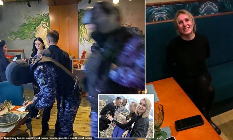 Este es el impactante momento en que una pareja rusa fue detenida por hablar en contra de la guerra de Vladimir Putin mientras cenaban en familia en un restaurante.  Oficiales armados de la guardia nacional del país esposaron a Olesya Ovchinnikova (en la foto a la derecha), de 42 años, y a su esposo Alexey Ovchinnikov, de 40, obligándolos a tirarse al suelo.