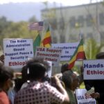 US citizens of Ethiopian descent gather for a demonstration to protest on the grounds that the US President Joe Biden's administration unfairly pressured Ethiopia.