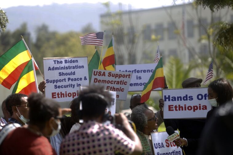 US citizens of Ethiopian descent gather for a demonstration to protest on the grounds that the US President Joe Biden's administration unfairly pressured Ethiopia.