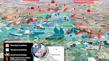 En la imagen: un mapa que muestra la posición aproximada de las tropas alrededor de la ciudad sitiada de Bakhmut.  Las fuerzas rusas se están acercando desde el norte, el este y el sur, dejando a los defensores de Ucrania con una sola ruta (oeste) para escapar, a través de un lodazal fangoso.  A medida que avanzan las fuerzas rusas, la ventana para retirarse se está cerrando, pero Ucrania está decidida a continuar con la defensa de la ciudad simbólica.