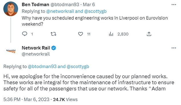 Los fanáticos de Eurovisión que esperaban viajar de Londres a Liverpool se enfurecieron después de que Network Rail revelara que estaba realizando obras de ingeniería en la línea ferroviaria durante el fin de semana de la gran final.