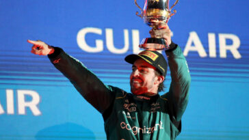 BAHRAIN, BAHRAIN - MARCH 05: Third placed Fernando Alonso of Spain and Aston Martin F1 Team