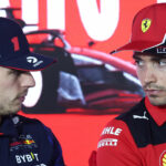Max Verstappen of Red Bull Racing and Charles Leclerc of Ferrari during the press conference ahead