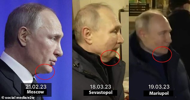 Putin hace un mes en Moscú (izquierda), su viaje a Sebastopol el 18 de marzo (centro) y su visita a Mariupol el 19 de marzo (derecha)