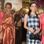 Sonam Kapoor posa para las fotos con Rekha, el primo Khushi Kapoor en el show de Dior Mumbai;  Anil Kapoor reacciona
