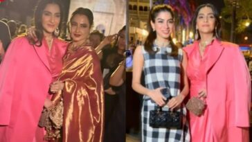 Sonam Kapoor posa para las fotos con Rekha, el primo Khushi Kapoor en el show de Dior Mumbai;  Anil Kapoor reacciona