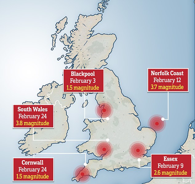 Solo en el último mes, se registraron temblores en Gales, Essex, Cornualles y frente a la costa de Norfolk.