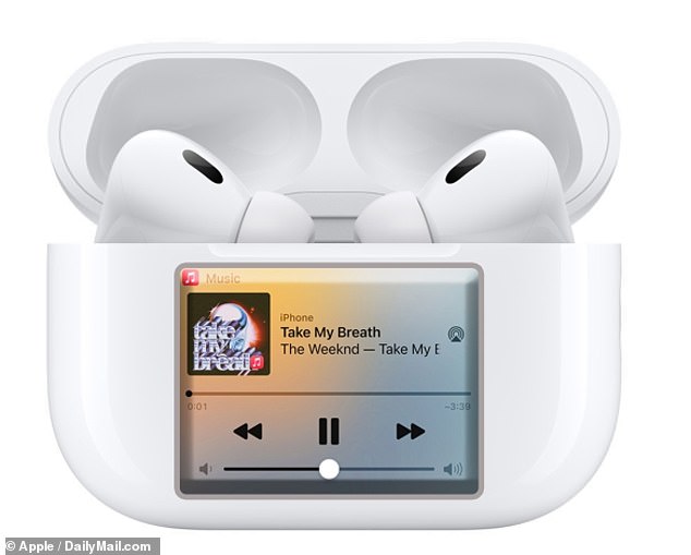 Apple podría agregar una pantalla táctil a su estuche de carga AirPods que permita a los usuarios activar aplicaciones, ejecutar comandos e incluso ver películas.  Imagen creada por DailyMail.com