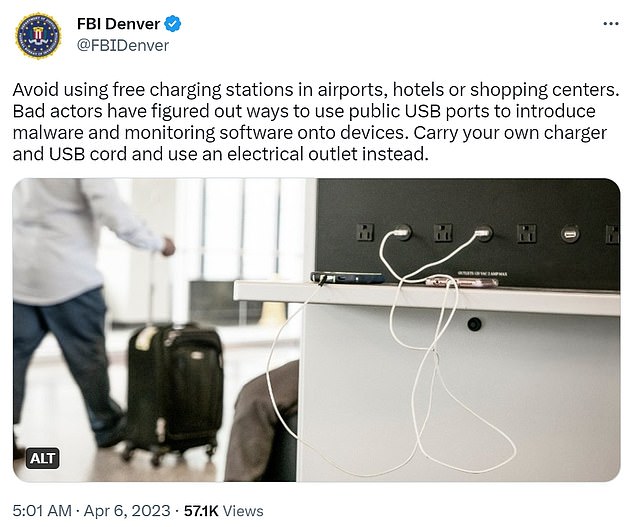 La Oficina Federal de Investigaciones (FBI, por sus siglas en inglés) advierte a las personas que no se conecten a la energía gratuita, sino que lleven sus propios cargadores y un cable USB que se conecta a un tomacorriente.