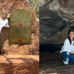 Raveena Tandon ve una pintura de 10000 años de antigüedad mientras explora cuevas en Bhimbetka de Madhya Pradesh.  ver fotos