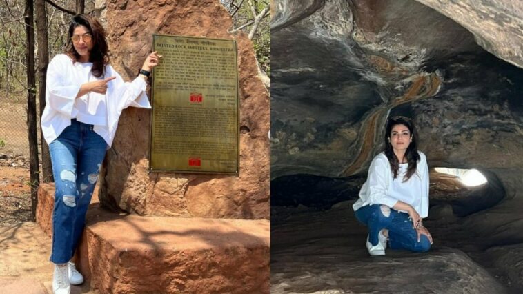 Raveena Tandon ve una pintura de 10000 años de antigüedad mientras explora cuevas en Bhimbetka de Madhya Pradesh.  ver fotos