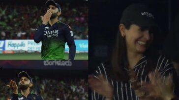Virat Kohli lanza un beso a Anushka Sharma en las gradas durante un partido de cricket.  ver fotos