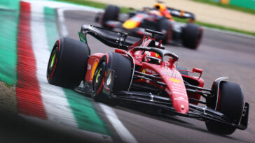 IMOLA, ITALY - APRIL 23: Charles Leclerc of Monaco driving (16) the Ferrari F1-75 leads Max