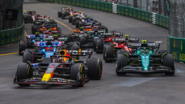 Max Verstappen of Red Bull Racing is seen leading on the track during the start of F1 Grand Prix of