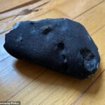 El objeto metálico negro, que atravesó el techo de una residencia en Hopewell, mide seis pulgadas por cuatro pulgadas y pesa cuatro libras.