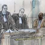 This court sketch made on May 10, 2023 shows former Rwandan gendarme Philippe Hategekimana (R), naturalised French in 2005 under the name Philippe Manier, accused of participating in massacres of Tutsi civilians, during his trial at Paris courthouse.