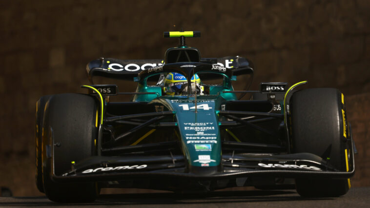 BAKU, AZERBAIJAN - APRIL 30: Fernando Alonso of Spain driving the (14) Aston Martin AMR23 Mercedes