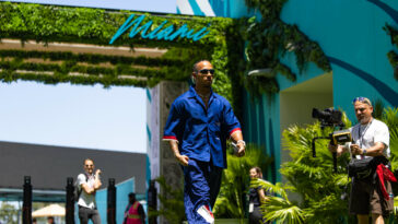 MIAMI, FL - MAY 04: Lewis Hamilton of Great Britain arrives at the track during previews ahead of