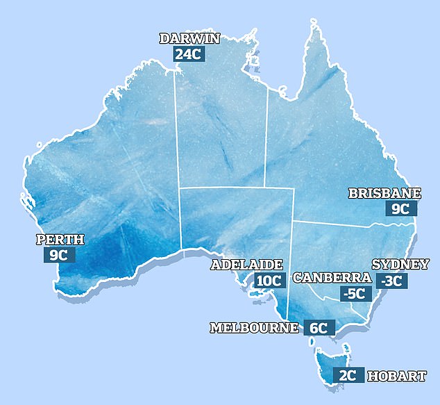 Una ola de frío provocó temperaturas bajo cero en Australia el miércoles por la mañana (en la foto, mapa de las temperaturas matutinas del miércoles)