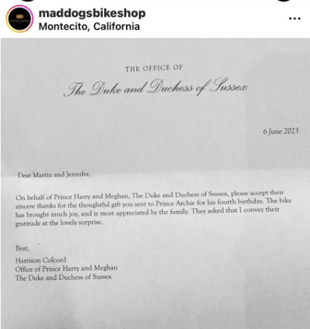 La carta de agradecimiento de Meghan y Harry después de que una tienda de Montecito entregara una bicicleta gratis por su cuarto cumpleaños el mes pasado
