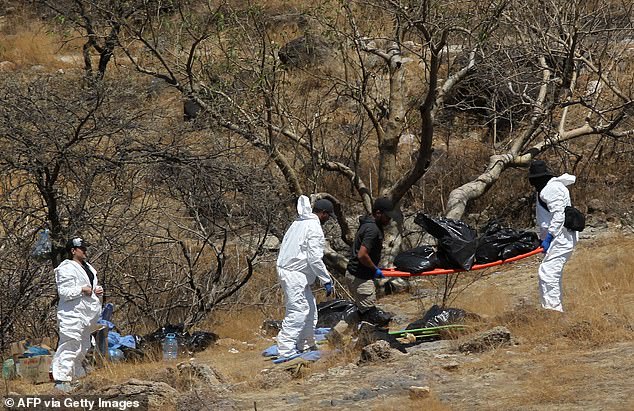 Peritos forenses trabajan este martes en el traslado de varias bolsas con restos humanos extraídos del fondo de un barranco en el occidental estado mexicano de Jalisco.