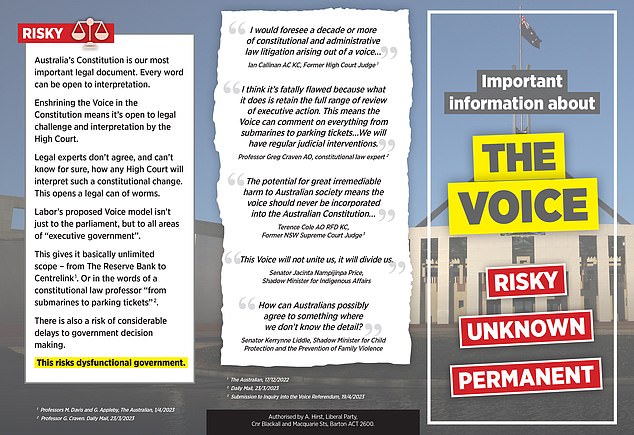 El líder de la oposición envió el folleto a los hogares de su electorado de Dickson en las afueras de Brisbane, mientras la campaña a favor de ambos lados se intensifica antes del referéndum a finales de este año.