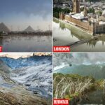 El Big Ben de Londres parece sacado directamente de una película de desastres, atravesado por una masa de aguas turbias, mientras que las Pirámides de Giza albergan un paisaje urbano tóxico.