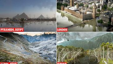 El Big Ben de Londres parece sacado directamente de una película de desastres, atravesado por una masa de aguas turbias, mientras que las Pirámides de Giza albergan un paisaje urbano tóxico.