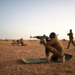 Soldiers of the Burkina Faso Army take part in shooting exercises during a joint operation with the French Army in the Soum region in northern Burkina Faso.
