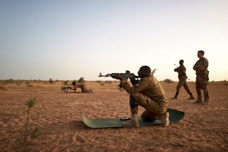 Soldiers of the Burkina Faso Army take part in shooting exercises during a joint operation with the French Army in the Soum region in northern Burkina Faso.